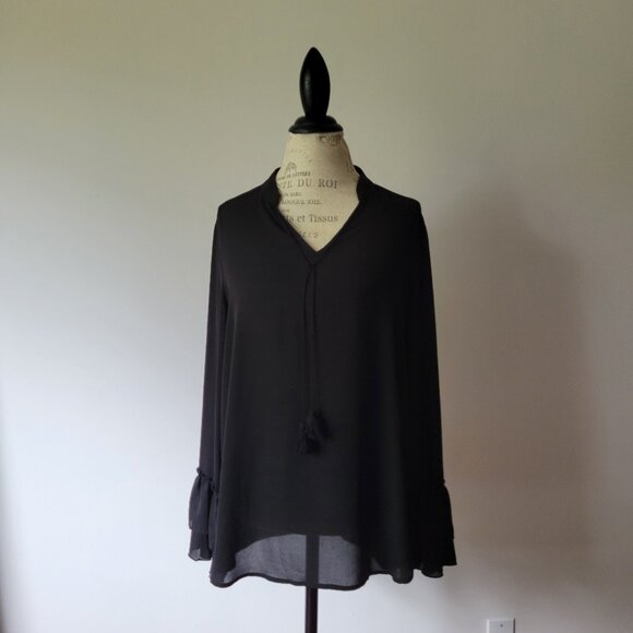 Black Ruffle Blouse with neck tassel detailing - Size L - Picture 2 of 9
